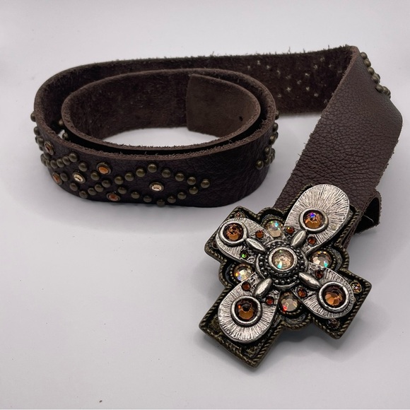 Brown Leather Belt with Silver and Gold Accents - Picture 1 of 7